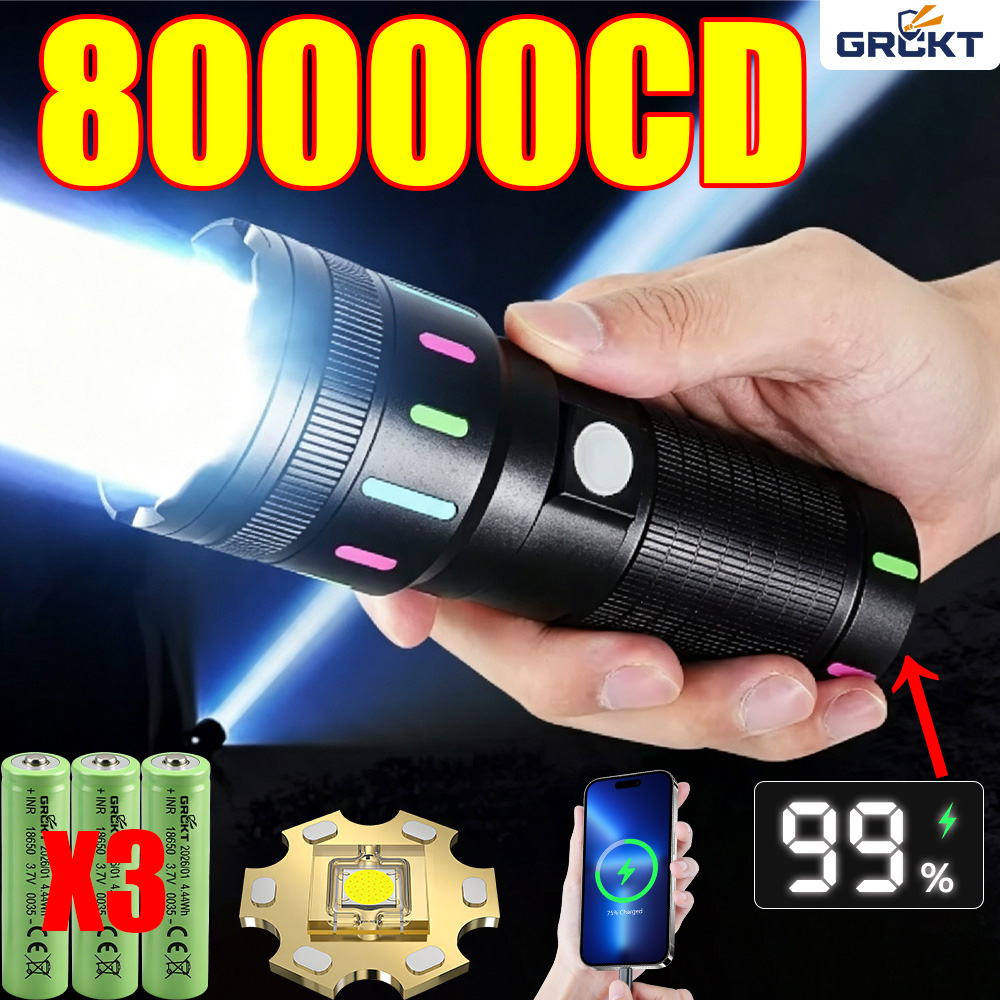 Outdoor Lighting Black - 80000CD Leistungsstärkste LED-Taschenlampe Hochleistungs-Taktische Jagd-Taschenlampe Wiederaufladbare
